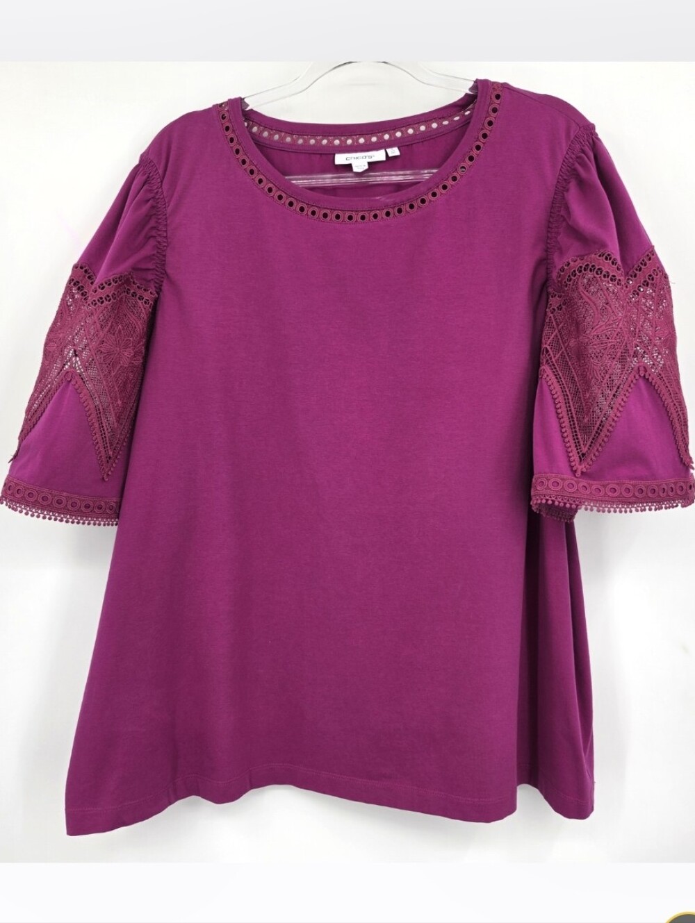 Chicos 4 Embroidered Lace Panel Sleeve Top XXL Fuschia Short Sleeve